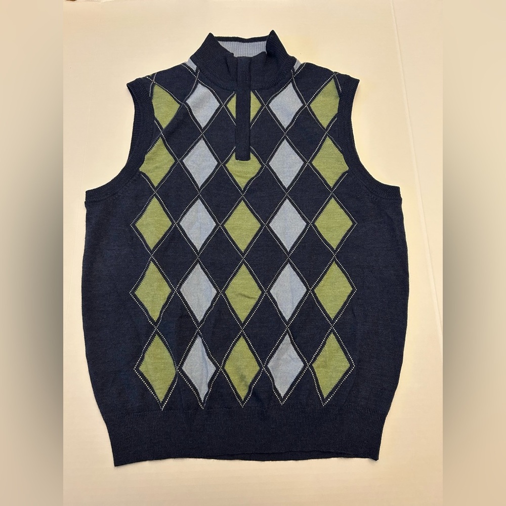Bobby Jones Men's M Blue Green Argyle Pullover Sweater Vest 100% Merino Wool
